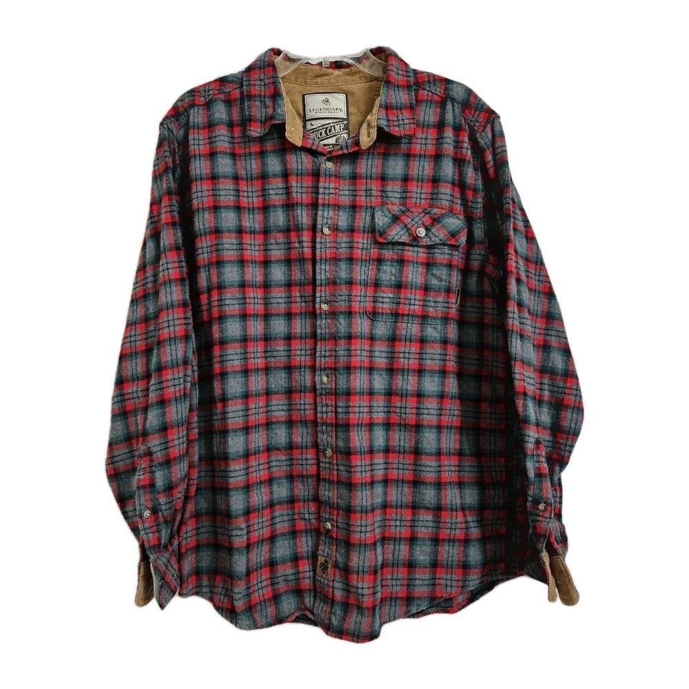 Legendary Whitetails Shirt Mens Large Red Buck Camp Flannel Plaid Corduroy Trim